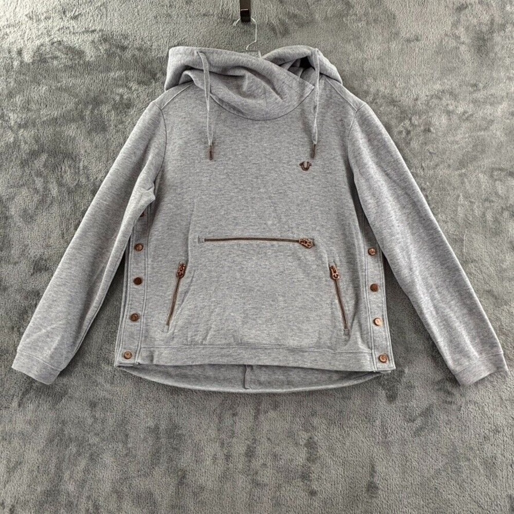 True Religion Hoody Horizontal Womens S Heather Gray Side Snap Hooded Sweatshirt